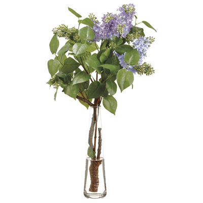 Silk Lilac Flower & Twig Arrangement with Glass Vase