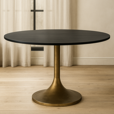 Round Wood Top Dining Table on Metal Pedestal