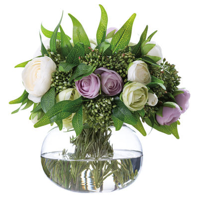 Mixed Ranunculus, Berry & Ruscus Leaf Silk Flower Arrangement with Glass Vase
