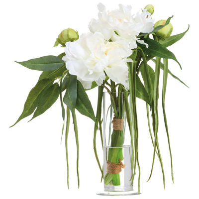 Peony & Grass Silk Flower Arrangement with Glass Vase